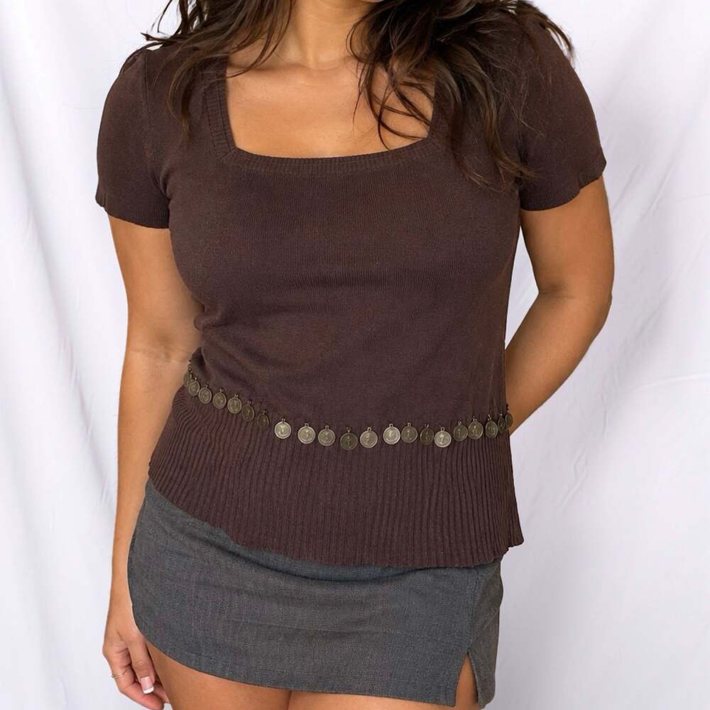 Willi Smith Y2K Brown Queen Elizabeth Coin Charm Square Neck Sweater XL